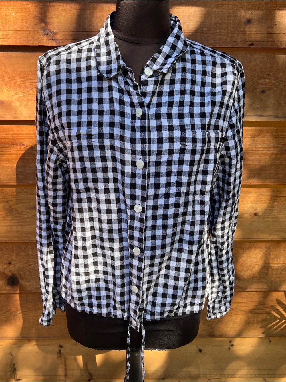 Christopher & Banks Black and White Gingham Tie-Hem Button Down Shirt
